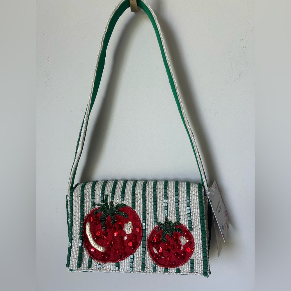 Beaded tomato striped green cream Shoulder Bag